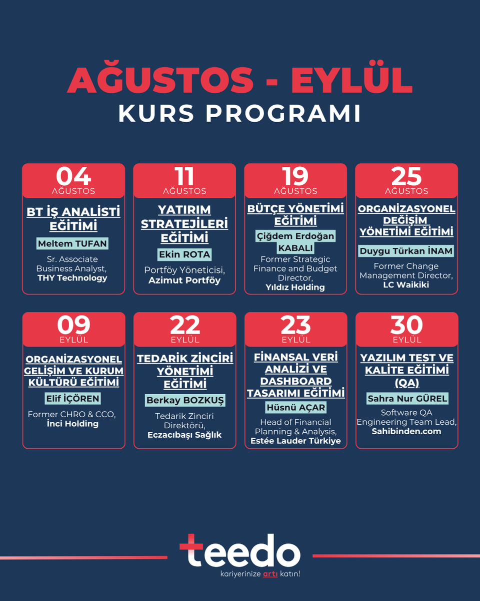 Ağustos-Eylül aylarında başlayacak kurslarımızı takviminize not etmeyi unutmayın! 🎓🗓️

İyi haftalar dileriz!

➡️ teedo.com.tr/kurslar/

#Teedo #KariyerinizeArtıKatın #Eğitim #KariyerYatırımı #OnlineEğitim #KariyerGelişimi #KişiselGelişim #YetenekYönetimi #SürekliÖğrenme