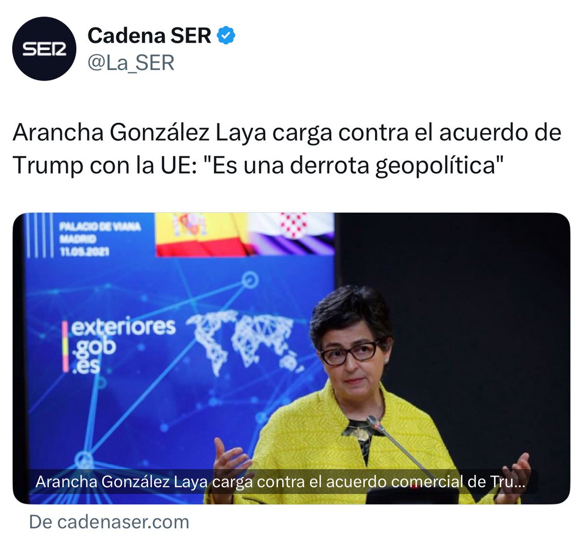 ManuPineda's tweet image. 📉 Incluso voces del establishment europeo lo reconocen: la exministra de Exteriores Arancha González Laya califica el pacto Von der Leyen‑Trump como “una derrota geopolítica” para Europa.
🗣️ “Europa cedió a las presiones de Trump.
En lo económico, no es un buen negocio.
En lo…