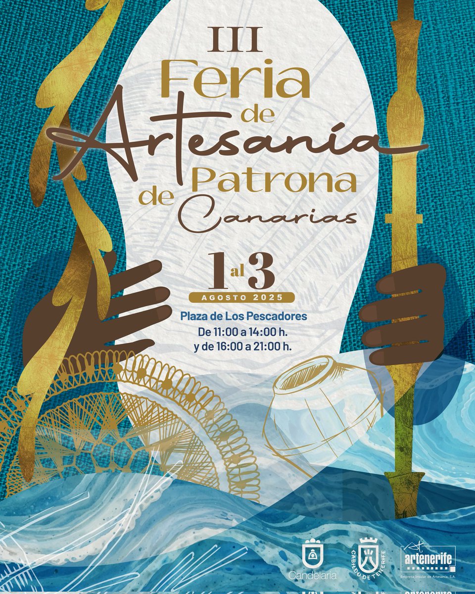 Artenerife (@artenerife_) on Twitter photo 🗣️✨3ª Feria de Artesanía Patrona de Canarias. Candelaria 2025 <a href="/Artenerife_/">Artenerife</a> <a href="/AytoCandelaria/">Ayuntamiento de Candelaria</a> <a href="/CabildoTenerife/">Cabildo de Tenerife</a>
🗓️Fecha: 1,2 y 3 agosto 2025
🕛Horario: 11:00 a 14:00 y 16:00 a 21:00h.
📍Plaza de los Pescadores #Candelaria
ℹ️Más Info: artenerife.com/3a-feria-patro…
#FeriaArtesania 🗣️✨3ª Feria de Artesanía Patrona de Canarias. Candelaria 2025 <a href="/Artenerife_/">Artenerife</a> <a href="/AytoCandelaria/">Ayuntamiento de Candelaria</a> <a href="/CabildoTenerife/">Cabildo de Tenerife</a>
🗓️Fecha: 1,2 y 3 agosto 2025
🕛Horario: 11:00 a 14:00 y 16:00 a 21:00h.
📍Plaza de los Pescadores #Candelaria
ℹ️Más Info: artenerife.com/3a-feria-patro…
#FeriaArtesania