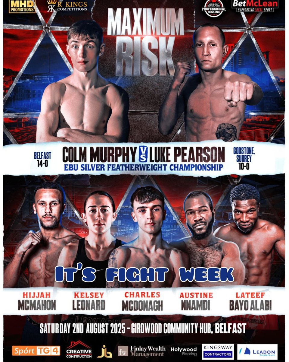 BoxingTicketsNI's tweet image. It's Fight Week in Belfast
@MARKHDUNLOP presents #MaximumRisk at the Girdwood Community hub
Colm Murphy headlines the card as he takes on Luke Pearson for the vacant EBU Silver Featherweight title
Charles McDonagh, Hijjah McMahon & Bayo Alabi also feature on the card…