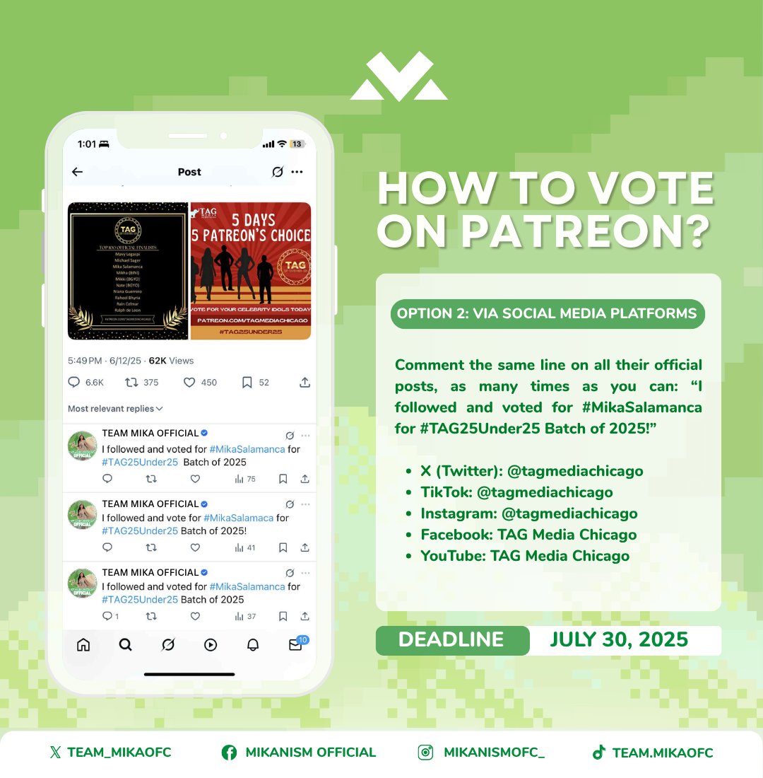 team_mikaofc's tweet image. Good afternoon, Mikanisms! 💚

Let’s give our all for Mika and help her secure her spot in the @tagmediachicago  #TAG25Under25 Batch of 2025! 

🗳️ To vote, make sure to comment as many times as you can on the platforms and app shown below with this exact line:

I followed and…