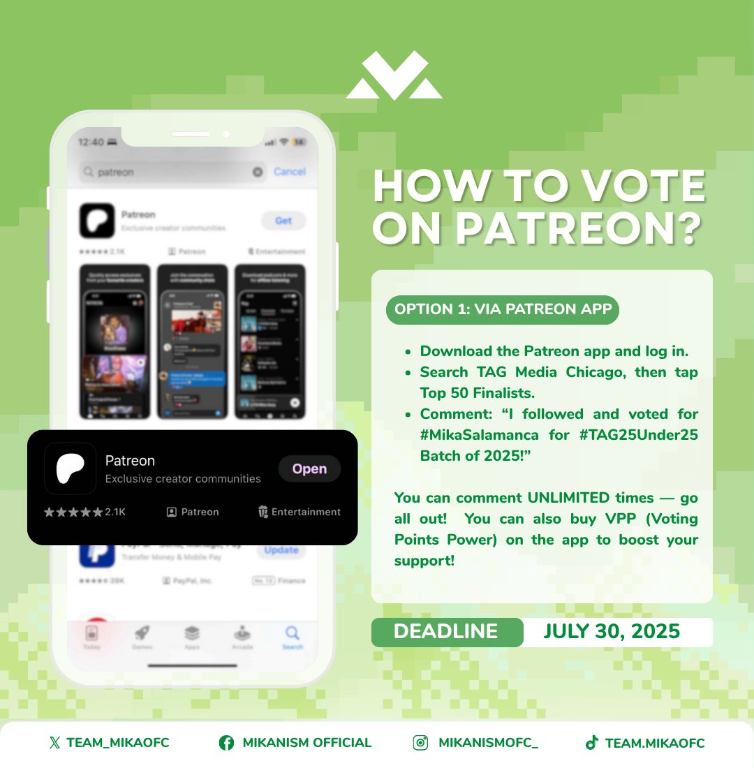 team_mikaofc's tweet image. Good afternoon, Mikanisms! 💚

Let’s give our all for Mika and help her secure her spot in the @tagmediachicago  #TAG25Under25 Batch of 2025! 

🗳️ To vote, make sure to comment as many times as you can on the platforms and app shown below with this exact line:

I followed and…