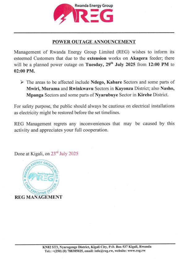 reg_rwanda's tweet photo. #Power_Outage_Alert
On 29th July, 2025 there is a planned power outage in @KayonzaDistrict & @KireheDistrict.
Please plan accordingly to avoid interruption.
#Ibura_Ryumuriro
Tariki ya 29/07/2025 hateganyijwe ibura ry'umuriro mu bice bya @KayonzaDistrict na @KireheDistrict .
Murakoze.