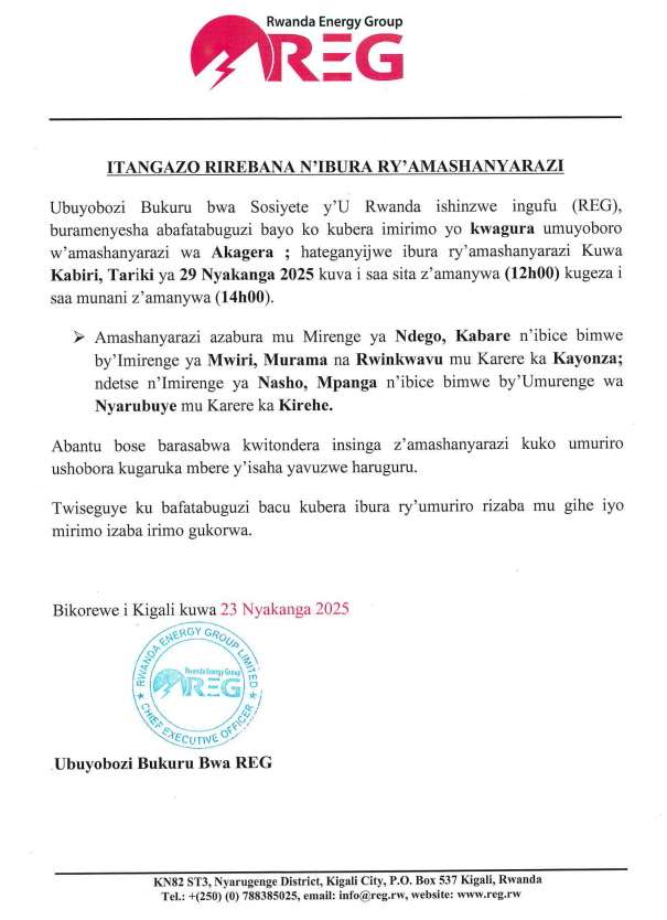 reg_rwanda's tweet photo. #Power_Outage_Alert
On 29th July, 2025 there is a planned power outage in @KayonzaDistrict & @KireheDistrict.
Please plan accordingly to avoid interruption.
#Ibura_Ryumuriro
Tariki ya 29/07/2025 hateganyijwe ibura ry'umuriro mu bice bya @KayonzaDistrict na @KireheDistrict .
Murakoze.