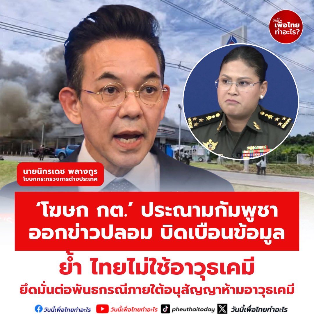 Pheuthai2day's tweet image. โฆษก กต.ประณามกัมพูชาออกข่าวปลอม บิดเบือนข้อมูล ย้ำ ไทยไม่ใช้อาวุธเคมี ยึดมั่นต่อพันธกรณีภายใต้อนุสัญญาห้ามอาวุธเคมี
วันนี้ (28 ก.ค. 68) นายนิกรเดช พลางกูร อธิบดีกรมสารนิเทศและโฆษกกระทรวงการต่างประเทศ ชี้แจงกรณีที่ถูกกล่าวหาว่ากองกำลังของไทยใช้อาวุธเคมี ว่า…