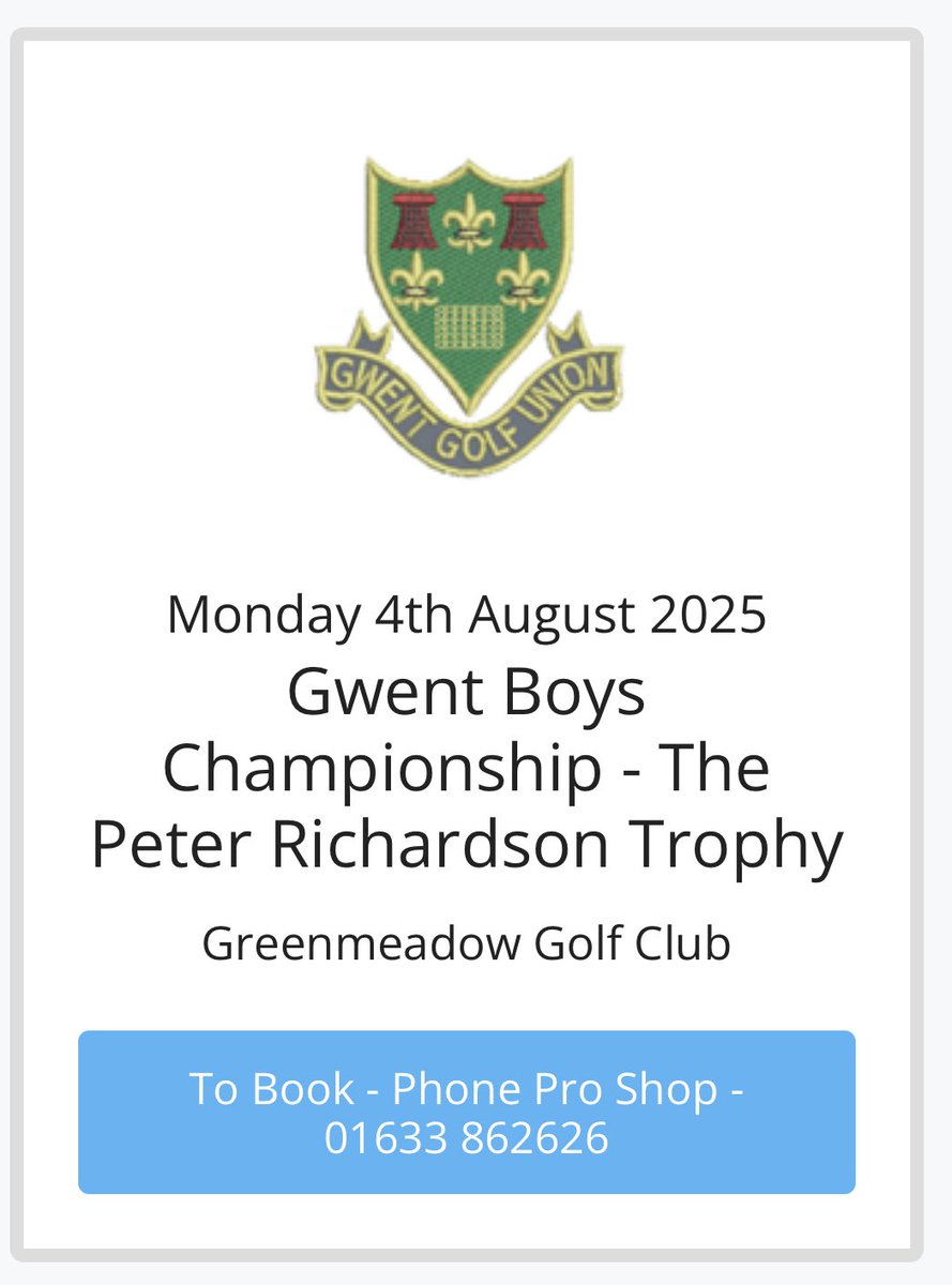 Please contact the pro shop to enter.  <a href="/llanwernGCjnrs/">llanwern GC juniors</a> <a href="/tredegarpark_gc/">Tredegar Park Golf Club</a> <a href="/StMellonsGC/">St Mellons Golf Club</a> <a href="/PontnewyddGolf/">Pontnewydd Golf Club</a> <a href="/PontypoolGC/">Pontypool Golf Club</a> <a href="/WoodlakePGolf/">Woodlake Golf</a> <a href="/MonmouthshireGC/">MonmouthshireGC</a> <a href="/PeterstoneGolf/">Peterstone Golf</a> <a href="/ParcGolfClub/">Parc Golf Club</a> <a href="/GolfNewport/">Newport Golf Club</a> <a href="/BlackwoodGolfC/">Blackwood Golf Club South Wales</a> <a href="/GolfMonmouth/">MonmouthGolfClub</a> <a href="/TheRollsGC/">The Rolls Golf Club</a> <a href="/WestMonGC/">West Monmouthshire Golf Club</a> <a href="/BrynMeadows/">Bryn Meadows</a> 
Please retweet 👌🏼