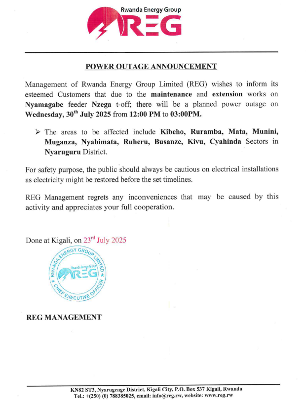 reg_rwanda's tweet photo. #Power_Outage_Alert
On 30th July, 2025 there is a planned power outage in
@NyaruguruDistr .
Please plan accordingly to avoid interruption.
#Ibura_Ryumuriro
Tariki ya 30/07/2025 hateganyijwe ibura ry'umuriro mu bice bya @NyaruguruDistr .
Murakoze. https://t.co/bO5YHzMLlT