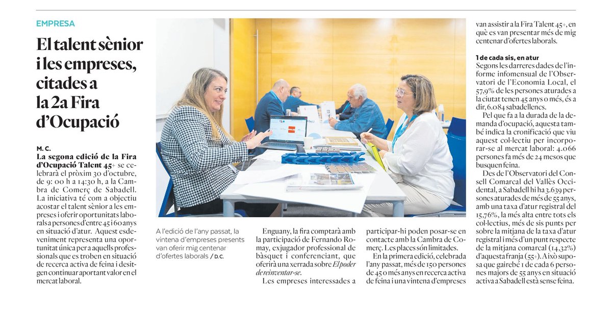 Cambra Sabadell (@cambrasabadell) on Twitter photo 📣 Torna la Fira Talent 45+ a Sabadell!
🗓️ 30 d’octubre | ⏰ 9:00–14:30 h
📍 Cambra de Comerç de Sabadell
💼 Oportunitats reals per a professionals de 45 a 60 anys.
Amb <a href="/fernandoromay1/">fernandoromay</a> parlant sobre "El poder de reinventar-se".
🔗 Inscripcions: lnkd.in/dcmxuKah 📣 Torna la Fira Talent 45+ a Sabadell!
🗓️ 30 d’octubre | ⏰ 9:00–14:30 h
📍 Cambra de Comerç de Sabadell
💼 Oportunitats reals per a professionals de 45 a 60 anys.
Amb <a href="/fernandoromay1/">fernandoromay</a> parlant sobre "El poder de reinventar-se".
🔗 Inscripcions: lnkd.in/dcmxuKah
