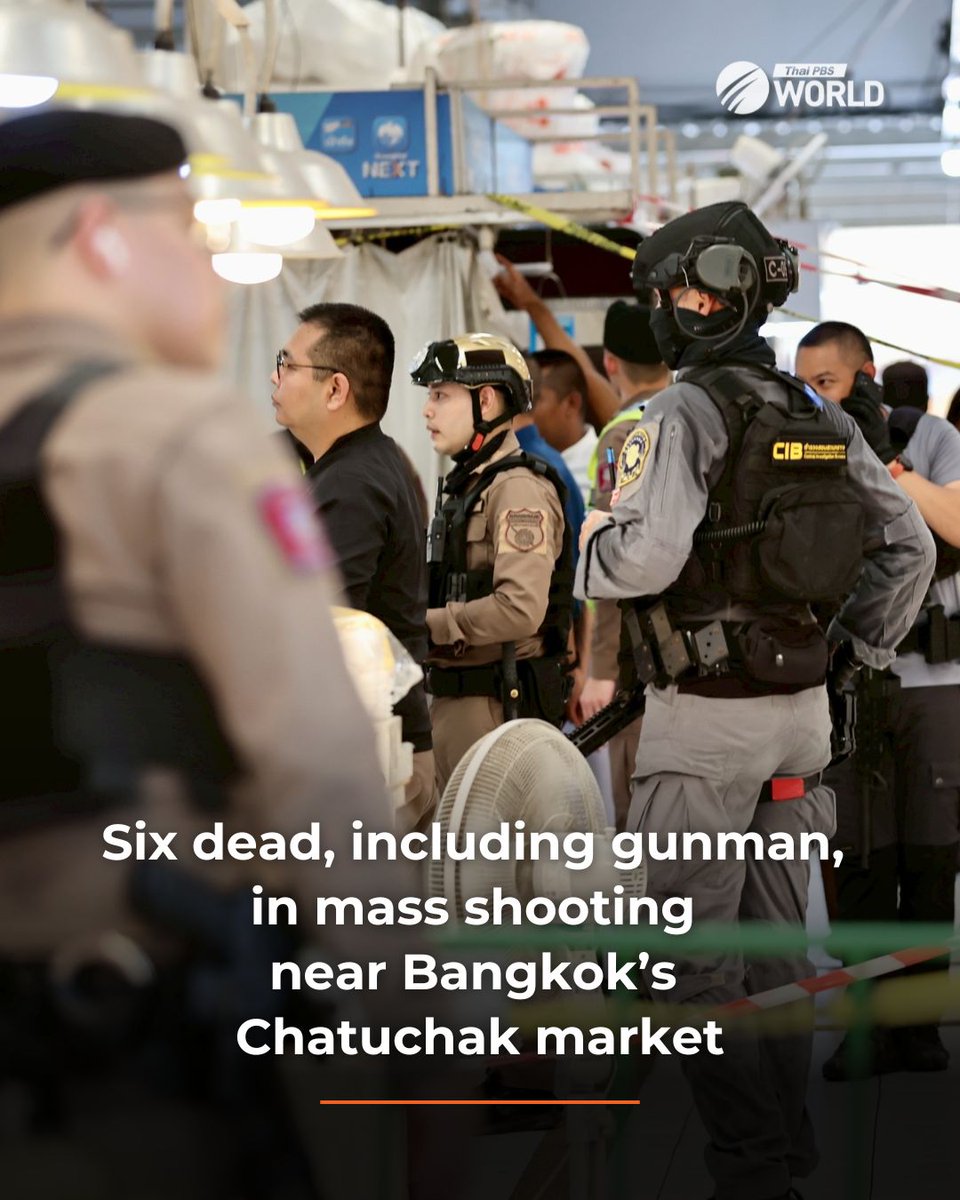 ThaiPBSWorld's tweet image. Six people were shot dead, including the gunman, at the ‘Or Tor Kor’ market in Bangkok’s Chatuchak district today. The motive for the shooting is still being investigated.

The Ruam Katanyu Foundation reports that three of the victims were security guards. The shooter was seen in…