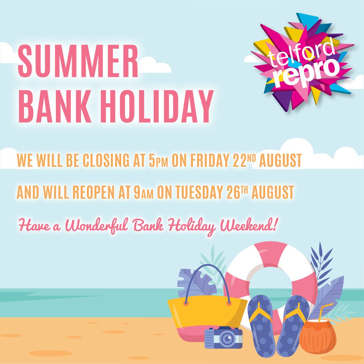 📌 Bank Holiday Opening Times 📌

We will be closing at 5pm on Friday 22nd August and will reopen at 9am on Tuesday 26th August. Have a great Sunny Bank Holiday! ☀️