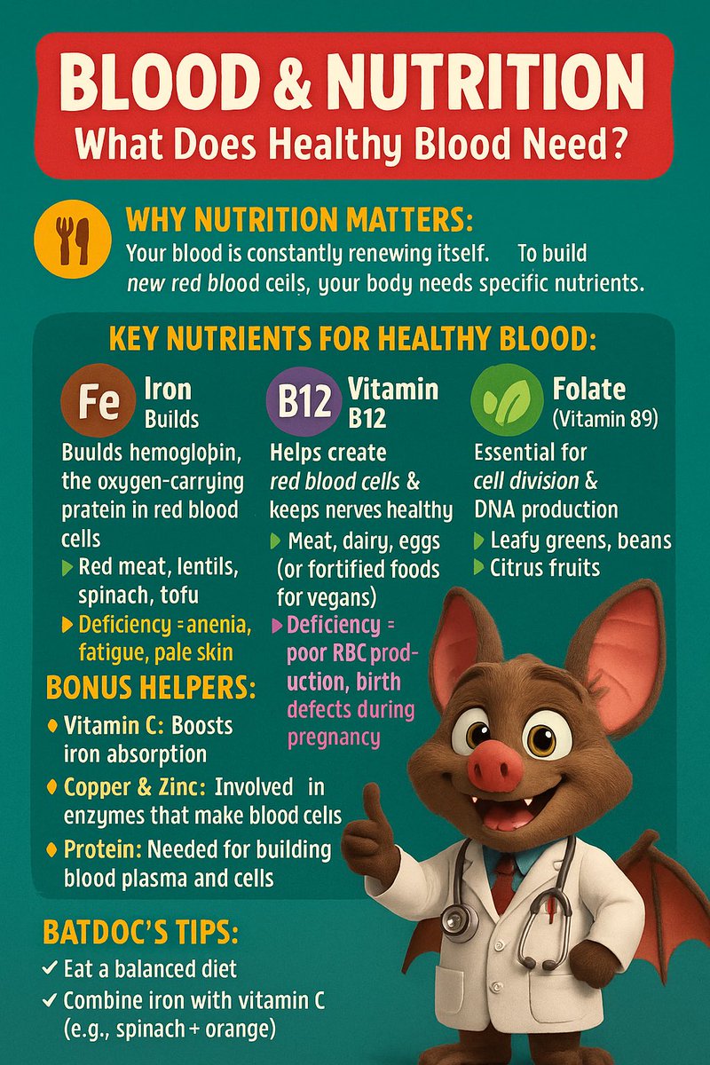 🩸🥦 Blood &amp; Nutrition – What Does Healthy Blood Need?
 
🍽️ Why Nutrition Matters:
Your blood is constantly renewing itself.
To build new red blood cells, your body needs specific nutrients.
 
🔑 Key Nutrients for Healthy Blood:
🟤 Iron
•Role: Builds hemoglobin, the