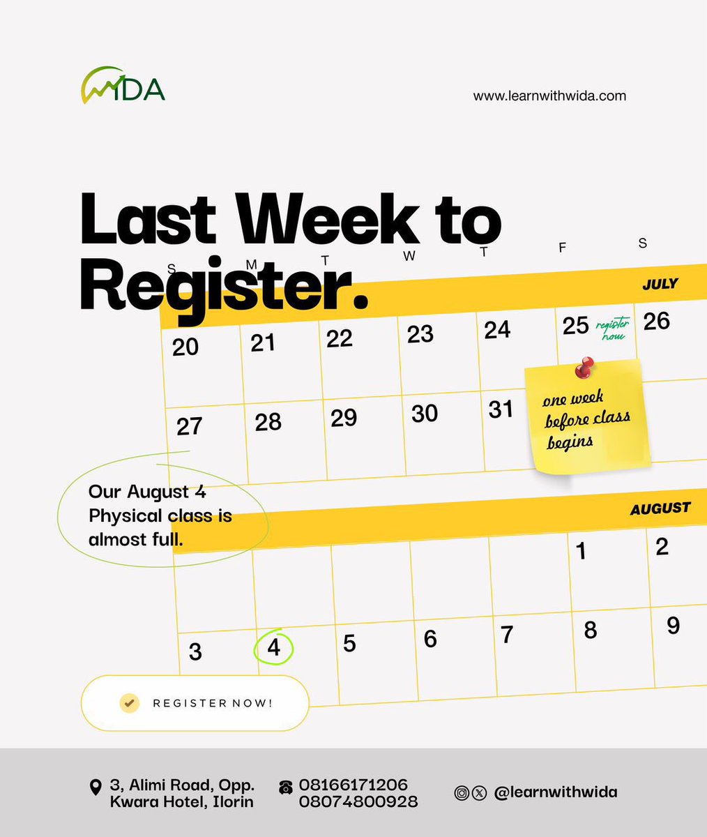 LearnwithWiDa's tweet photo. 🚨 Last week to register!
Our August 4th physical class is almost full. Don’t miss your chance to learn in person with the pros!

📍 Ilorin | 🗓 Aug 4
Register now 👉 https://t.co/AqTWvwGgAC
https://t.co/CZByqKh7OP

#LearnWithWiDa #TechTraining #Ilorin #DataAnalytics #Tech https://t.co/yVNW6UF4hm