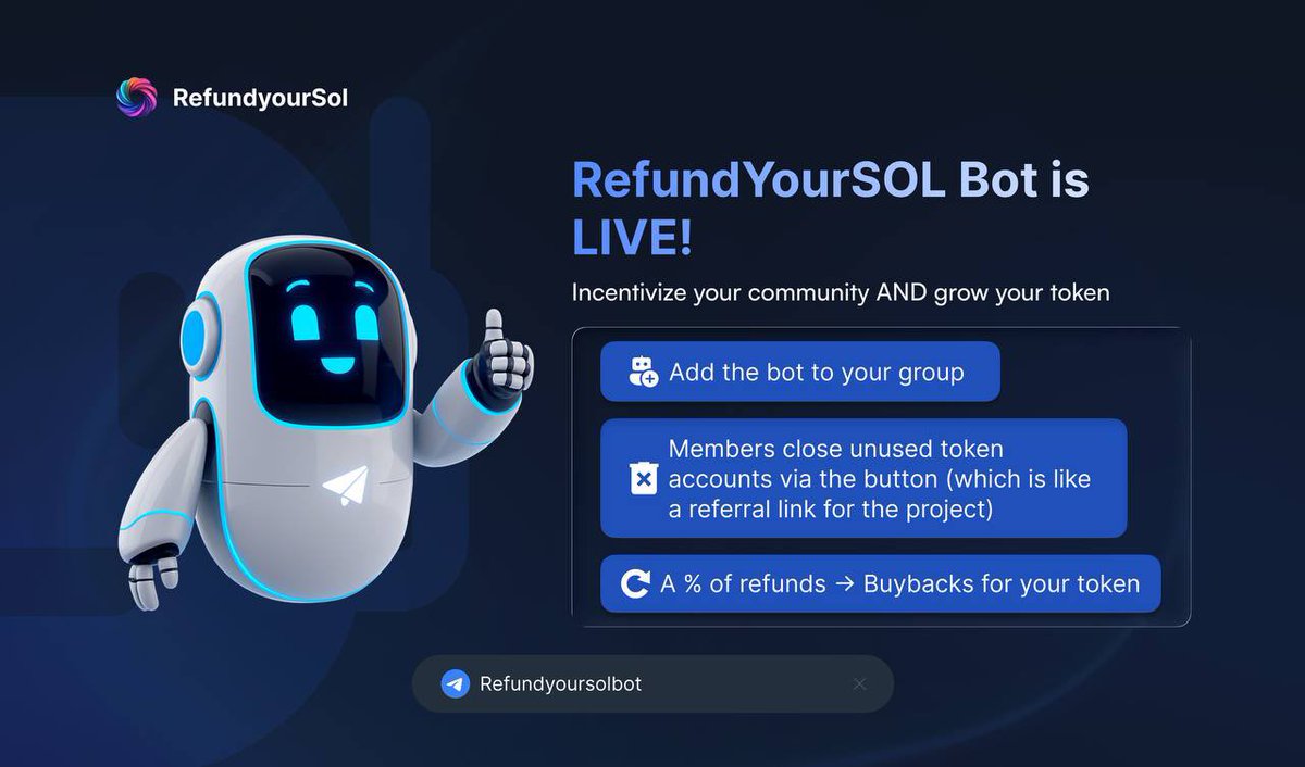 RefundYourSOL's tweet image. 🚨 RefundYourSOL Bot is LIVE! 🚨
Incentivize your community AND grow your token 👇
1️⃣ Add the bot to your group
2️⃣ Members close unused token accounts via the button (which is like a referral link for the project)
3️⃣ % of refunds → Buybacks for your token
💥 $RYS is currently…