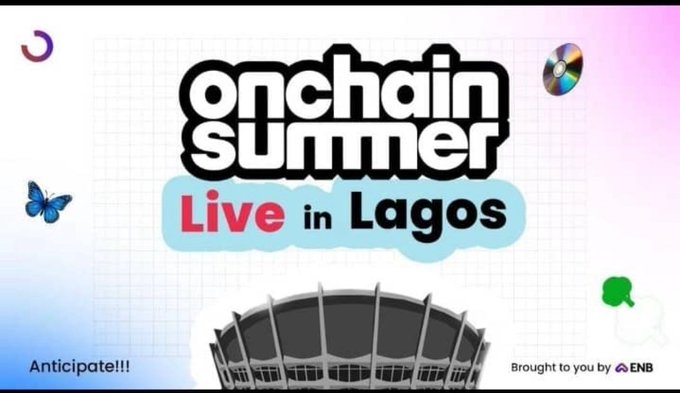 イベントロゴとスタジアムをフィーチャーしたラゴスでのOnchain Summer Liveプロモーション画像