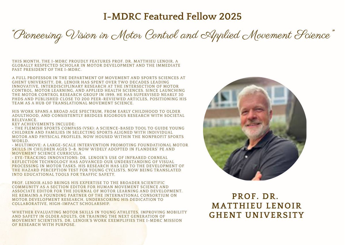 ✨ I-MDRC Featured Fellow 2025 <a href="/MatthieuLenoir3/">Matthieu Lenoir</a>  <a href="/ugent/">UGent</a> ✨ 

This month, I-MDRC proudly features Prof. Dr. Matthieu Lenoir, a globally respected scholar in motor development and the immediate Past President of the I-MDRC.

Learn more about Lenoir's work: i-mdrc.com/matthieu-lenoir