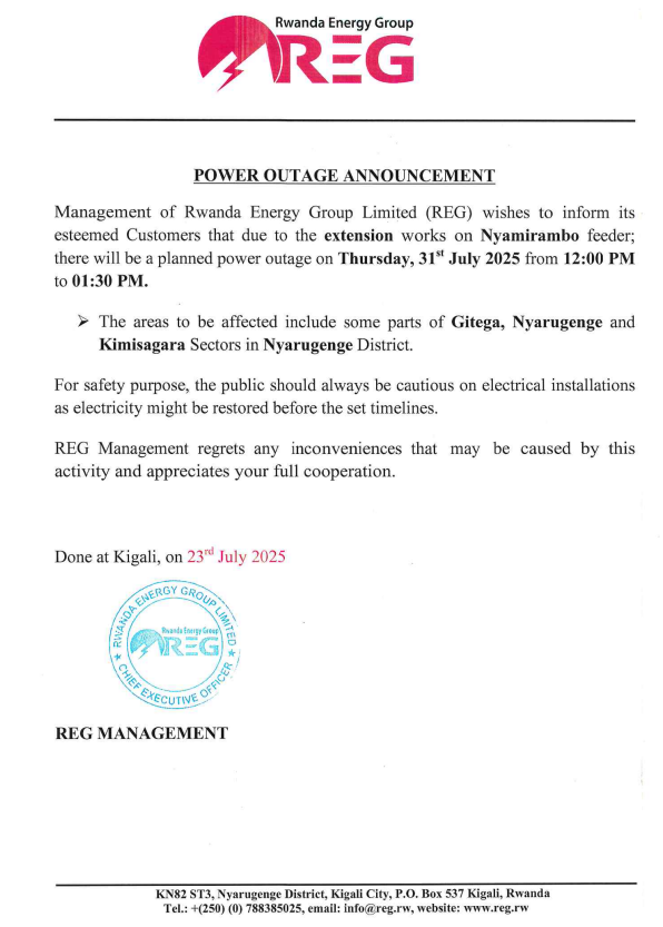 reg_rwanda's tweet photo. #Power_Outage_Alert
On 31st July, 2025 there is a planned power outage in
@Nyarugenge .
Please plan accordingly to avoid interruption.
#Ibura_Ryumuriro
Tariki ya 31/07/2025 hateganyijwe ibura ry'umuriro mu bice bya @Nyarugenge .
Murakoze. https://t.co/3AKGT1xggC