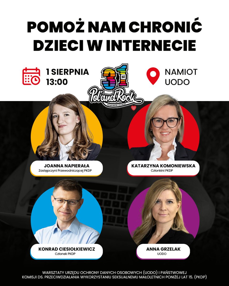 ciesiolkiewicz's tweet image. 📣 Jeśli ktoś wybiera się na @PolAndRockFest to zapraszamy na nasze warsztaty. Będziemy rozmawiać z nastolatkami, młodszymi i starszymi, jak wg nich - i wspólnie - budować możemy kulturę ochrony w świecie społeczno-cyfrowym.
Warsztaty organizowane są na zaproszenie Prezesa…