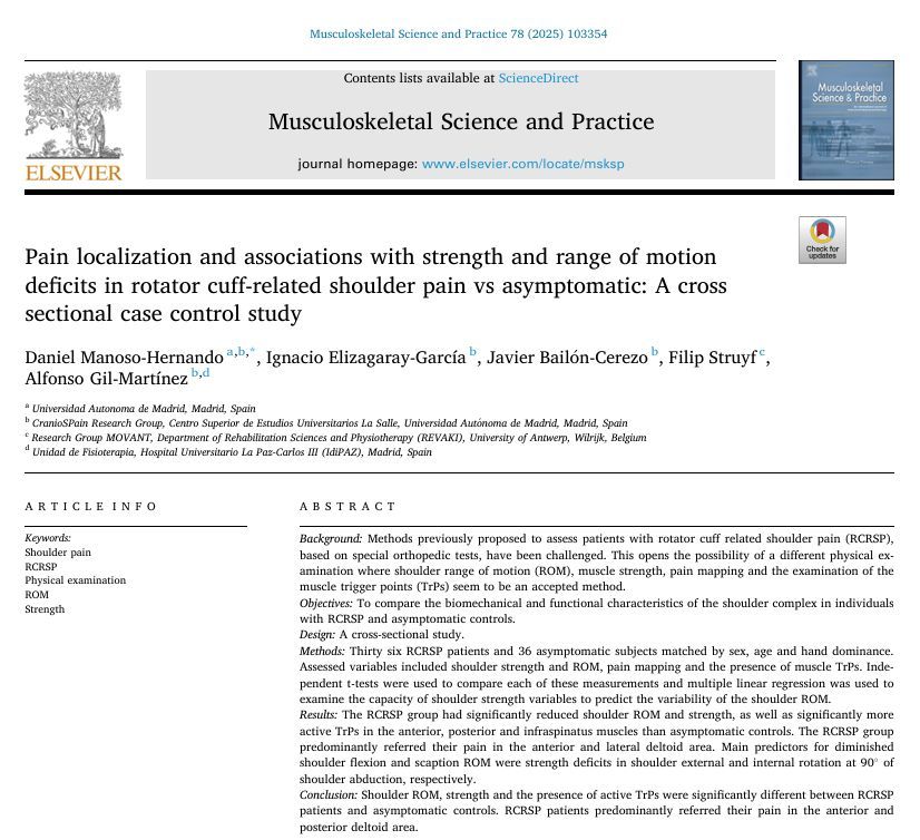 This recent study titled ' Pain localization and associations with strength and range of motion deficits in rotator cuff-related shoulder pain vs asymptomatic: A cross-sectional case control study' offers valuable insights into the biomechanical and clinical characteristics of
