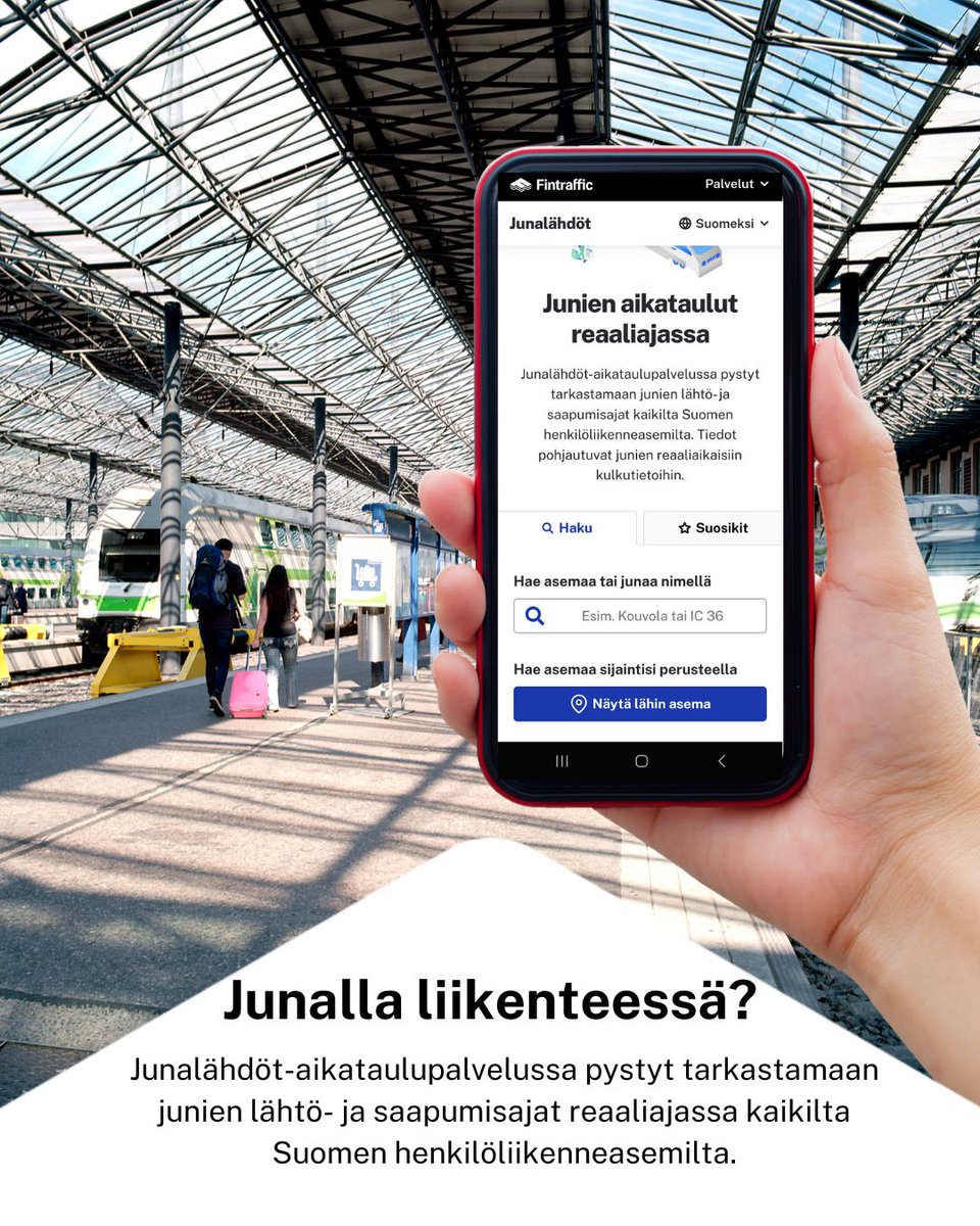 Fintraffic_fi's tweet image. Junalähdöt-aikataulupalvelu tarjoaa ketterän tavan seurata junien reaaliaikaisia liikennetietoja missä ja milloin vain 📱💻 Palvelu helpottaa mm. aikataulujen seurantaa ja poikkeustilanteista viestintää 🚊 #Fintraffic #raideliikenne #junalähdöt