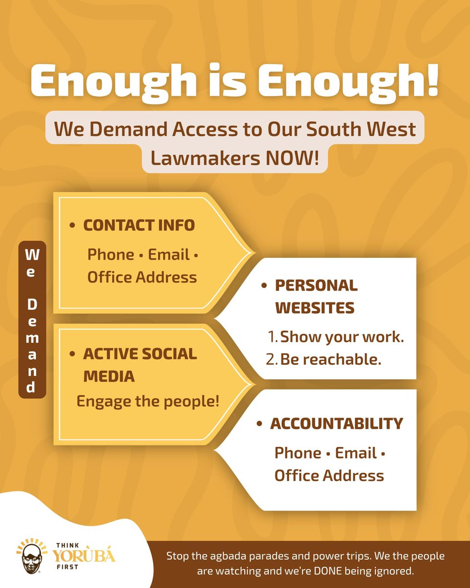 TYFABJFCT's tweet image. Our ancestral land is not up for negotiation. Indigeneity is defined by ancestry, Yorubaland is not a settler colony.
We strongly reject the Indigenous Bill and demand immediate access to Southwestern lawmakers.
#SayNoToIndigenousBill
#openyouroffice