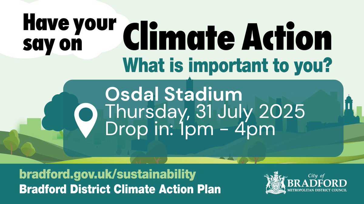 bradfordmdc's tweet image. Thursday, 31 July, 1pm to 4pm: Odsal Stadium, Rooley Lane as part of the Hope Not Hate event.
Have your say, take part in our consultation on the Draft Climate Action Plan. Share your feedback and suggestions
You can also take part online
orlo.uk/5tTM3