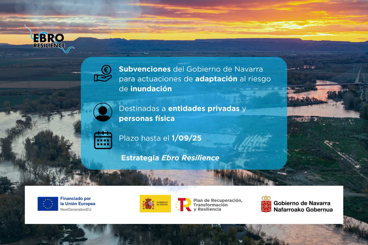 EBRO Resilience/ LIFE Ebro Resilience P1 🇪🇺 (@ebroresilience) on Twitter photo 📢Tercera convocatoria SUBVENCIONES <a href="/gob_na/">Gobierno de Navarra</a> para la adaptación al riesgo de #inundación fondos #NextGeneration dentro de Estrategia #EbroResilience
👤 Para entidades privadas y personas físicas
🗓 Hasta el 1/09
📍 Ebro y afluentes
👉TODA LA INFORMACIÓN ebroresilience.com/tercera-convoc… 📢Tercera convocatoria SUBVENCIONES <a href="/gob_na/">Gobierno de Navarra</a> para la adaptación al riesgo de #inundación fondos #NextGeneration dentro de Estrategia #EbroResilience
👤 Para entidades privadas y personas físicas
🗓 Hasta el 1/09
📍 Ebro y afluentes
👉TODA LA INFORMACIÓN ebroresilience.com/tercera-convoc…
