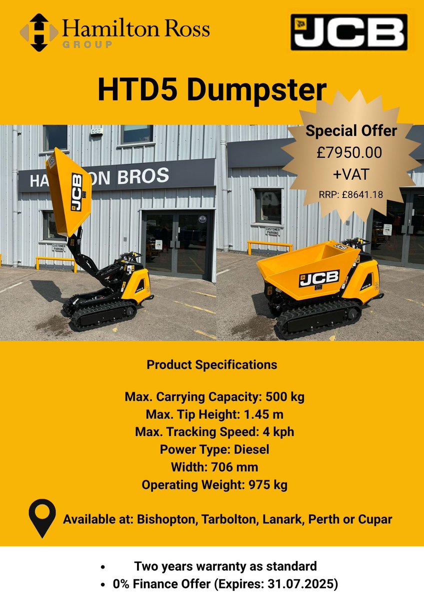 🚨 JCB Dumpsters Available! 🚨

Secure yours by 31st July to take advantage of our 0% finance offer 

Don’t miss out – contact the team today! 
#JCB #HamiltonRossGroup #0PercentFinance #Machinery