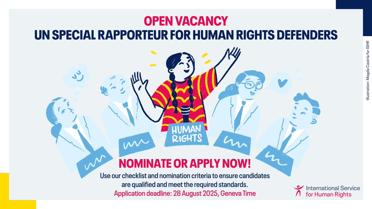 ISHRglobal's tweet image. Do you have a candidate for the post of UN Special Rapporteur for Human Rights Defenders in mind? We need States, CSOs, and all stakeholders to help nominate qualified, impartial candidates.
✅ Review our checklist to ensure candidates have what it takes to protect defenders,…