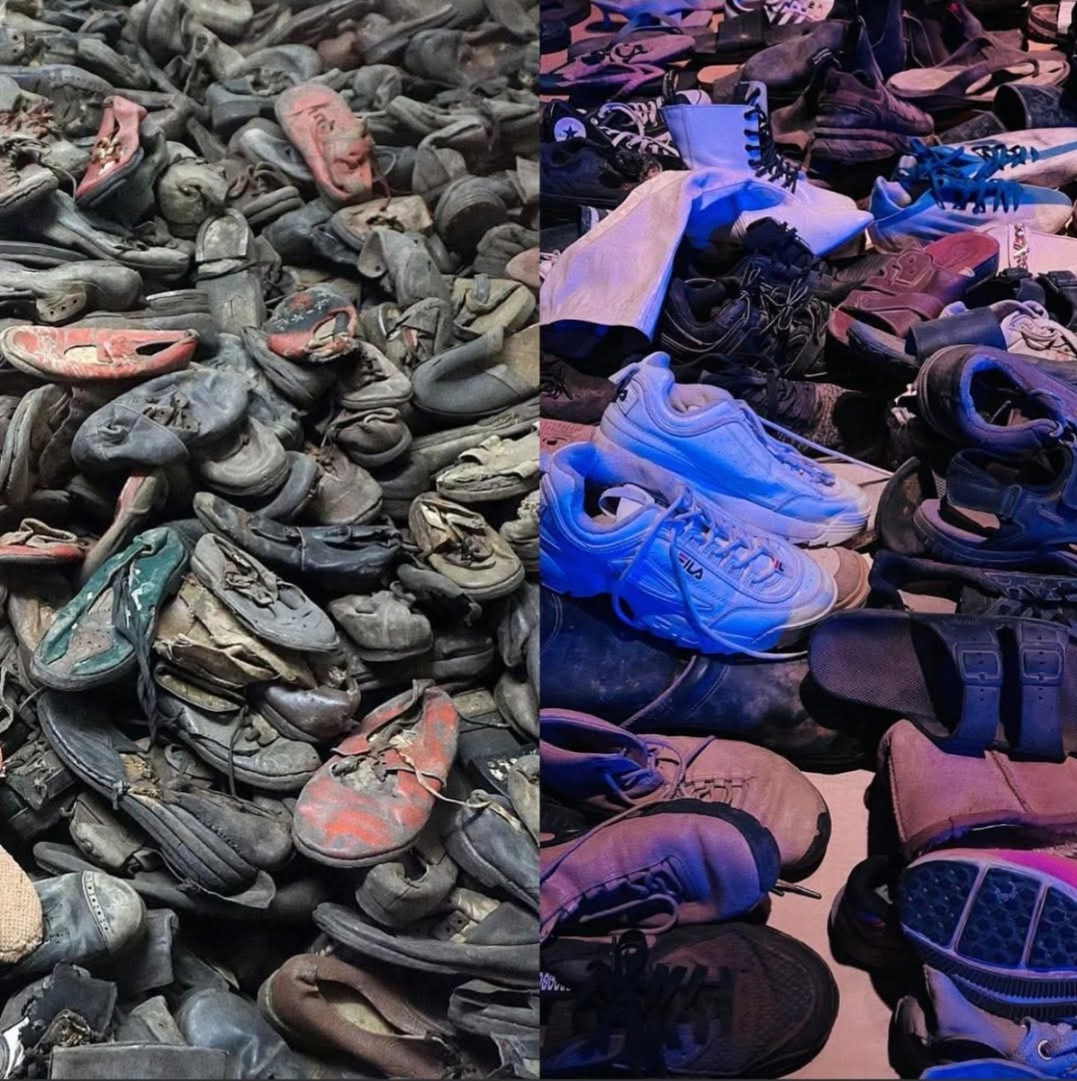 RubiYona's tweet image. On the left are shoes of Holocaust victims from Auschwitz.

On the right are shoes of October 7 victims from the Nova Music Festival.

#AINewsIL #October7Massacre #MuslimInvaders