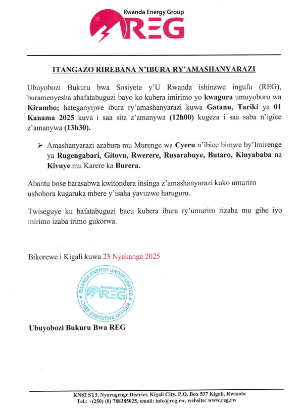 reg_rwanda's tweet photo. #Power_Outage_Alert
On 01st August, 2025 there is a planned power outage in @BureraDistrict .
Please plan accordingly to avoid interruption.
#Ibura_Ryumuriro
Tariki ya 01/08/2025 hateganyijwe ibura ry'umuriro mu bice bya @BureraDistrict .
Murakoze. https://t.co/dLLBkURlEs