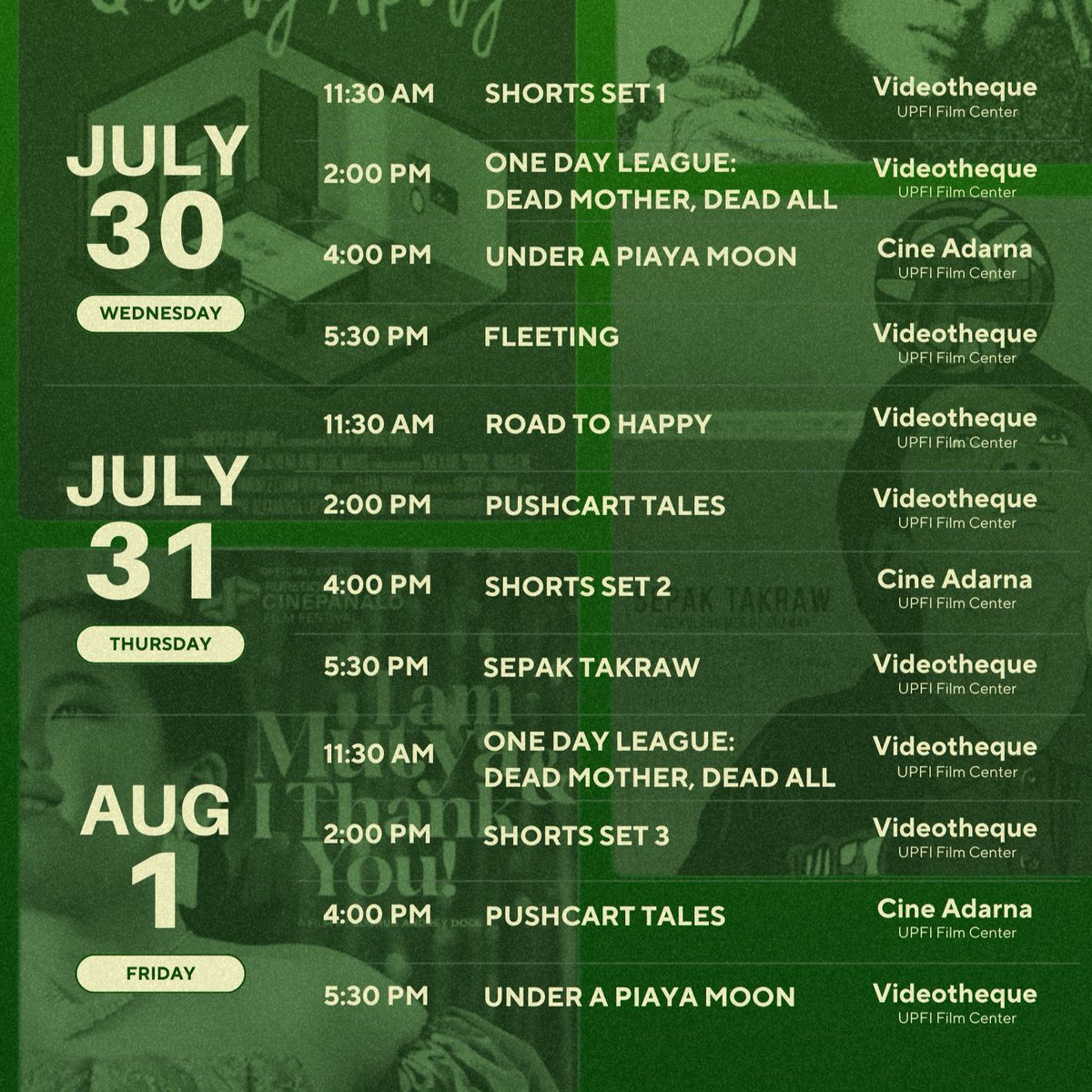 Official_UPD's tweet image. Catch the screening of selected films for the “Puregold CinePanalo Choice Cuts Panalong Film Festival Rewatch” on July 30, 31, Aug. 1, 6, 7, and 9, at the UP Film Institute Film Center.
Buy tickets at forms.gle/oAzekAm714XP6E….
Visit facebook.com/upfifilmcenter… more details.