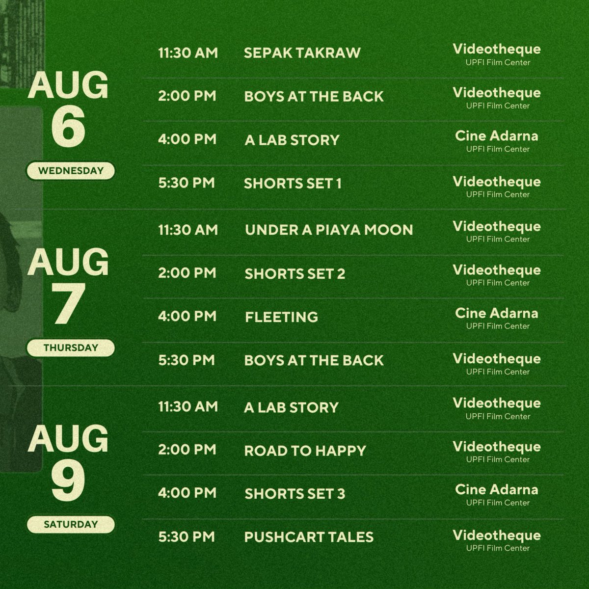 Official_UPD's tweet image. Catch the screening of selected films for the “Puregold CinePanalo Choice Cuts Panalong Film Festival Rewatch” on July 30, 31, Aug. 1, 6, 7, and 9, at the UP Film Institute Film Center.
Buy tickets at forms.gle/oAzekAm714XP6E….
Visit facebook.com/upfifilmcenter… more details.