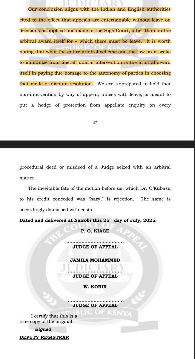 KensonMutethia's tweet image. Appeals arising from arbitral proceedings are entertainable without leave on decisions or applications made at the High Court, other than on the
arbitral award itself for – which there must be leave. If a Judge refuses to recuse, for instance you don't require leave to appeal.