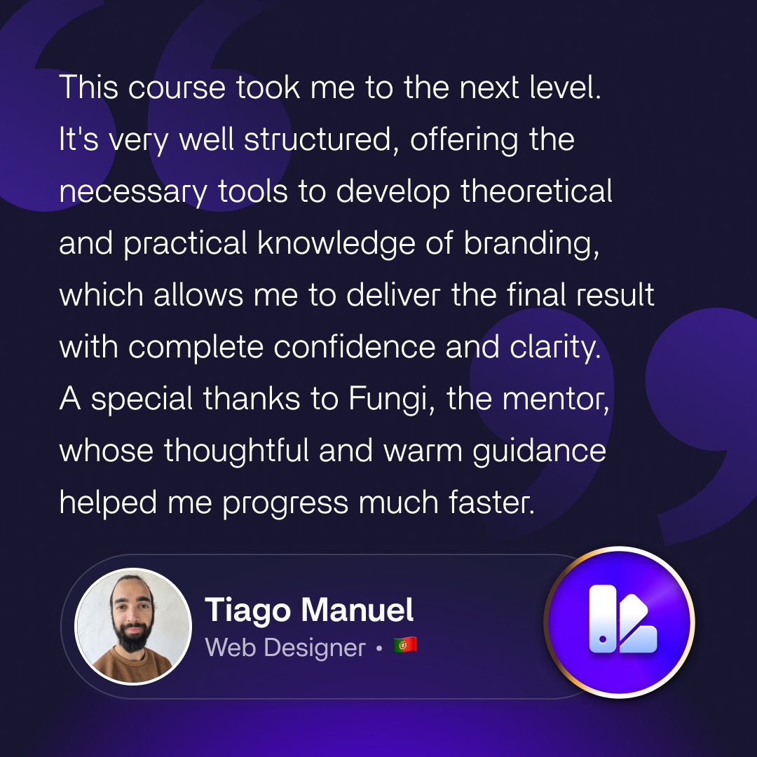 Congratulations (again!) Tiago 🇵🇹 on achieving your second Flux Academy certificate this year, this time in our Brand Design Mastery course! 🎉 Thank you for another great review and for the shout-out to one of our expert mentors, Fungi. 🙏

Add branding to your web design