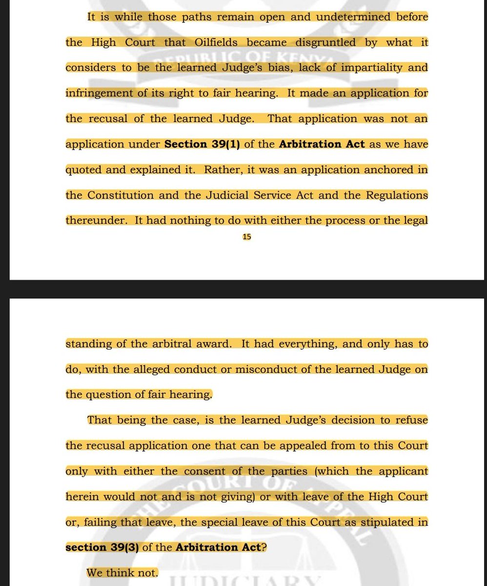 KensonMutethia's tweet image. Appeals arising from arbitral proceedings are entertainable without leave on decisions or applications made at the High Court, other than on the
arbitral award itself for – which there must be leave. If a Judge refuses to recuse, for instance you don't require leave to appeal.