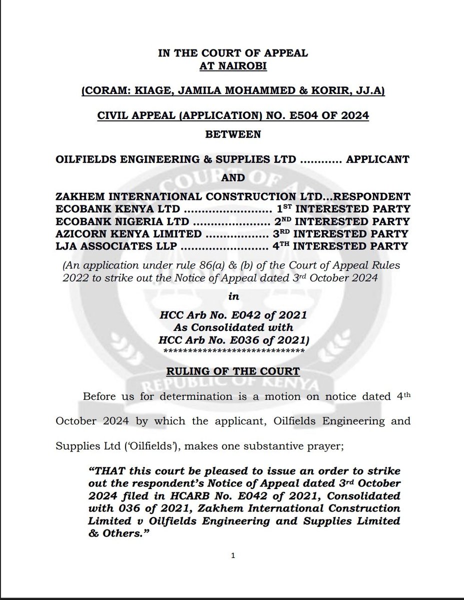 KensonMutethia's tweet image. Appeals arising from arbitral proceedings are entertainable without leave on decisions or applications made at the High Court, other than on the
arbitral award itself for – which there must be leave. If a Judge refuses to recuse, for instance you don't require leave to appeal.