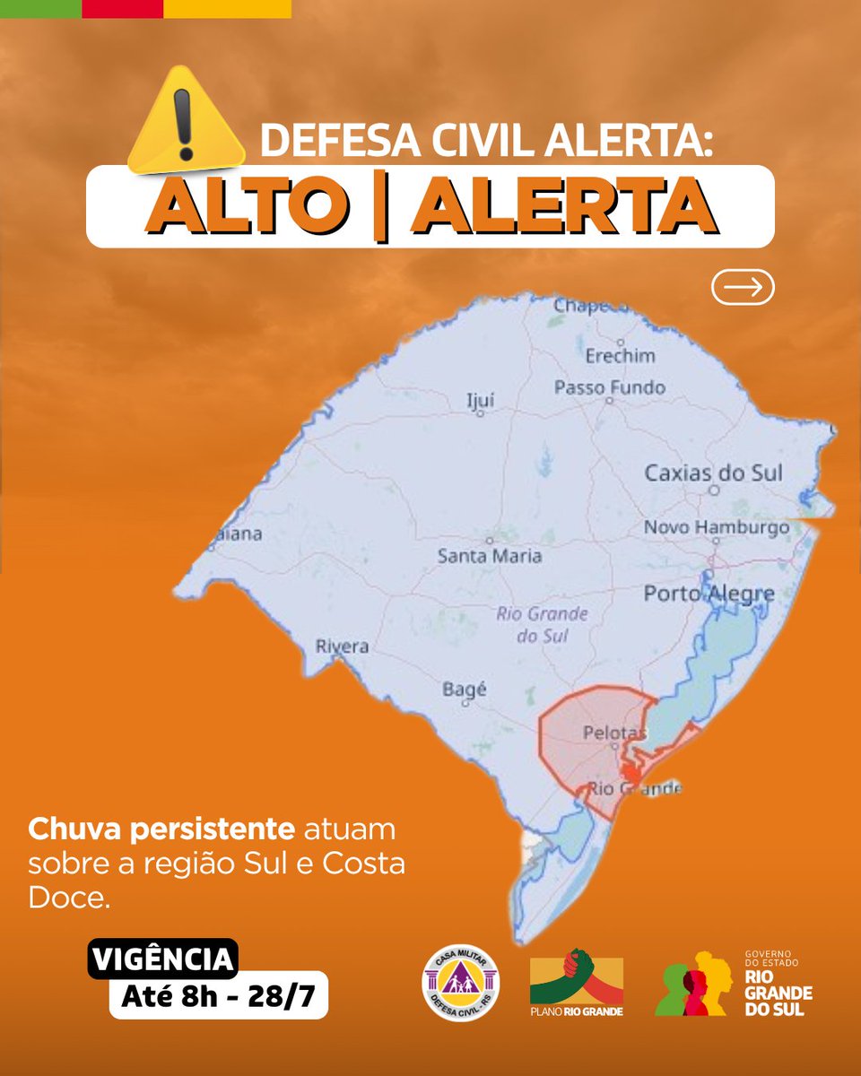 DefesaCivilRS's tweet image. Defesa Civil alerta: Condição de ALERTA para chuva persistente atuam sobre a região Sul e Costa Doce. Válido até 8h do dia 28 de julho. Evite áreas de risco. Emergência ligue 190/193.