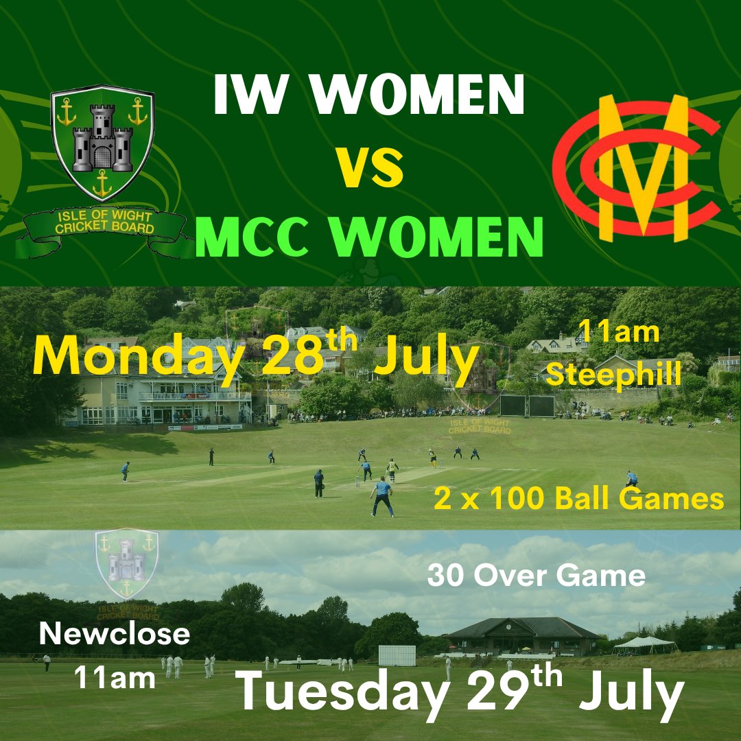 For the first time ever, our IW Women's team are hosting the MCC Women, with three matches taking place across the next two days!

Head down to Steephill for 2x 100 ball matches today, starting from 11am, before a 30-over match at Newclose  from 11am tomorrow!