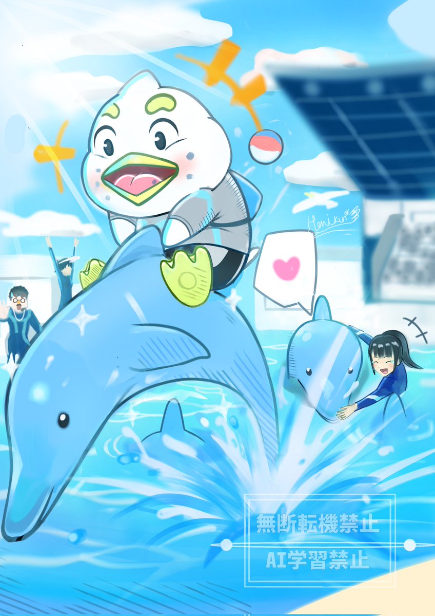 tori_kunGY's tweet image. シロンくん水族館にイルカにのって気分爽快🌊 🐔☀️（僕もイルカにのってみたい😄✨）

#鳥 #夏イラスト #水族館 #オリジナルイラスト