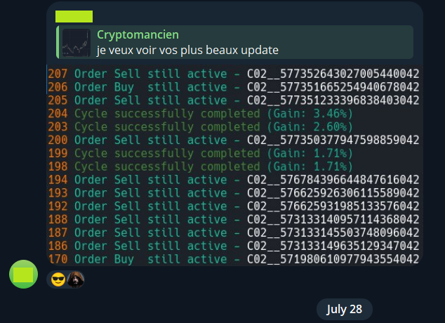 Un jour normal sur mon Telegram.

Beaucoup n'avaient jamais ouvert un terminal avant.

Mon bot leur offre un revenu passif par le marché #Bitcoin 

Le tarif passe à la dizaine supérieure en septembre.
cryptomancien.com (espace pro)