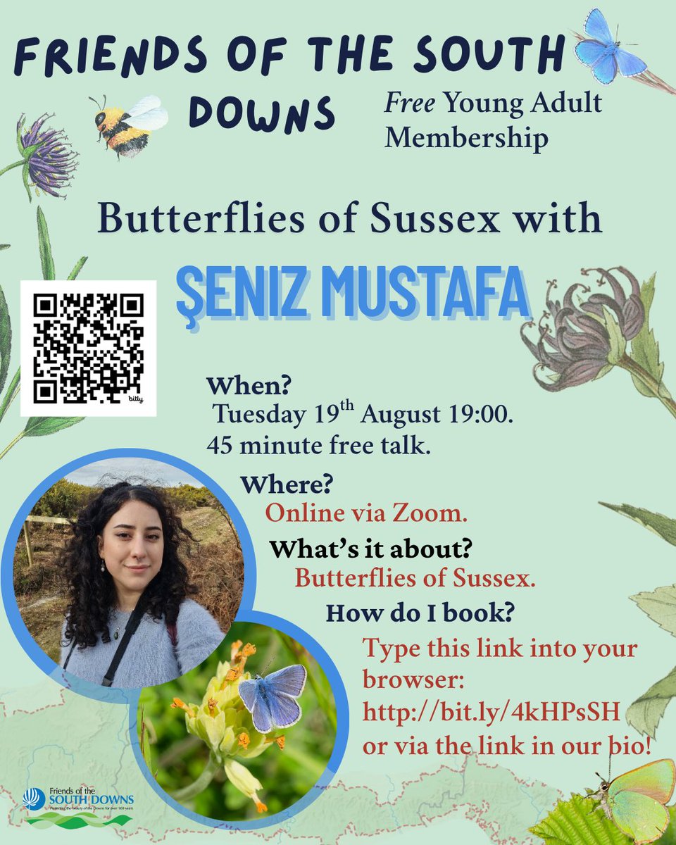 Upcoming FREE event!
📍Tuesday 19th August, online via Zoom at 19.00pm.
🦋 A webinar exploring Butterflies of the South Downs as part of the launch of our young adult membership 

Book your free ticket here: ticketsource.co.uk/friends-of-the…
#SouthDowns #Butterflies #FreeEvent #YouthAction