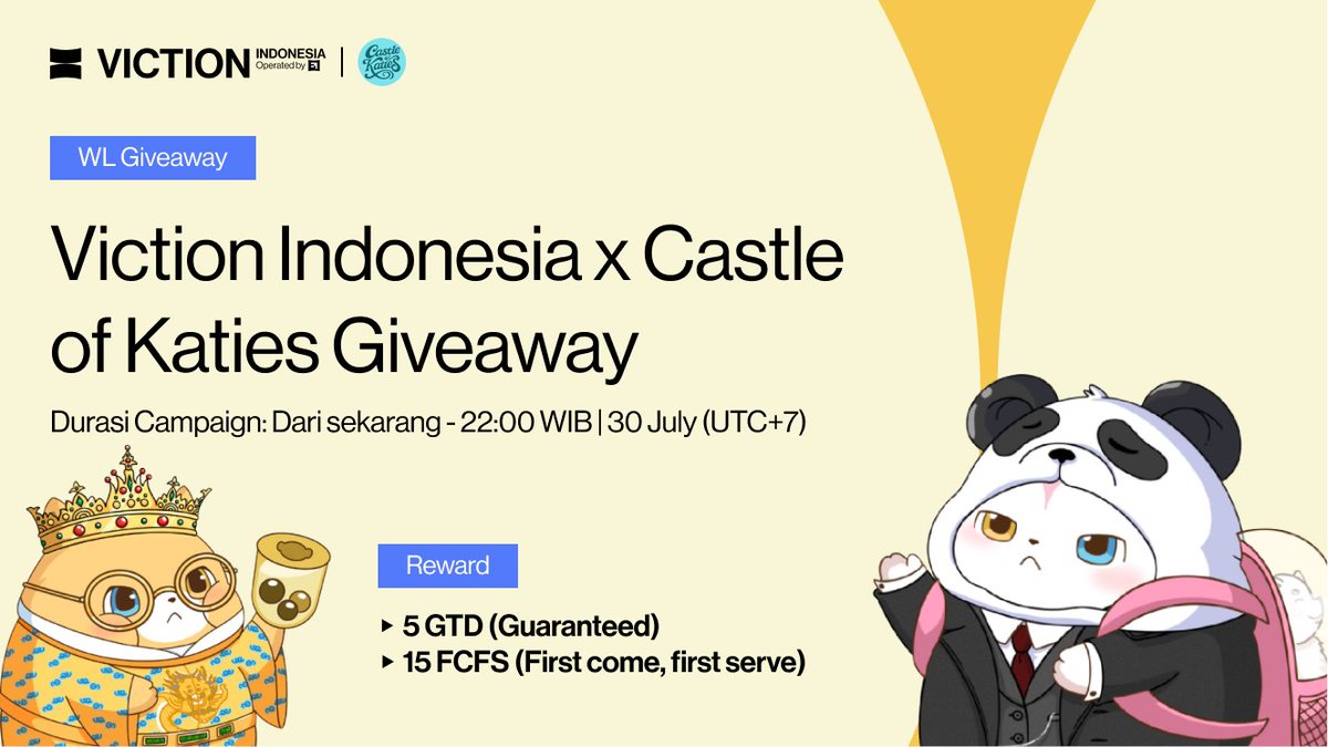VictionID's tweet image. 🎉 CASTLE OF KATIES WHITELIST GIVEAWAY
@CastleofKaties memberikan kesempatan whitelist khusus untuk member aktif @BuildOnViction sebagai apresiasi atas antusiasme komunitas!
Untuk Viction Indonesia:
🔸 5 spot GTD (Guaranteed)
🔸 15 spot FCFS (First Come First Serve) WL
🎯…