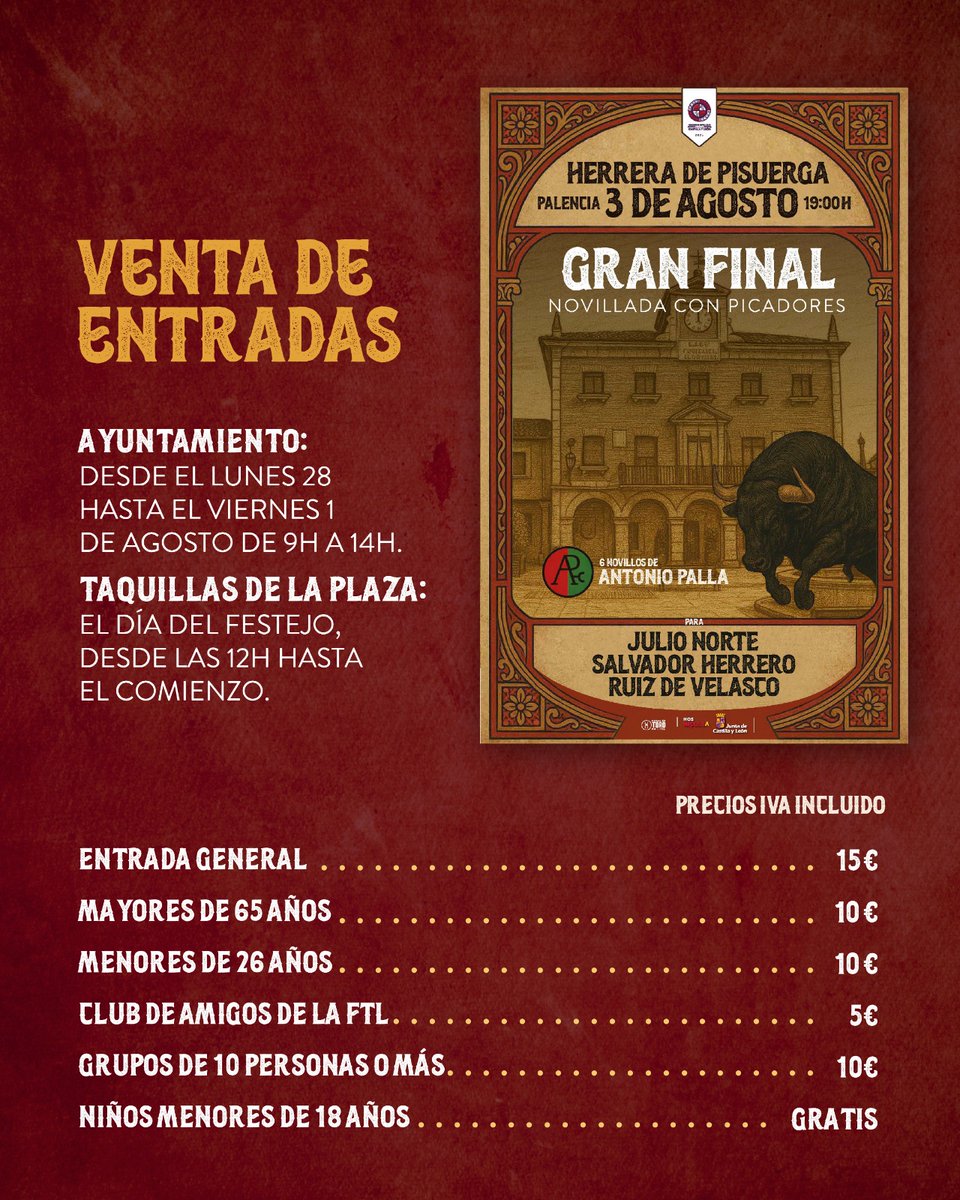 CircuitoCyL's tweet image. 🏆EL CARTEL DE LA GRAN FINAL
💥Julio Norte, Salvador Herrero y Ruiz de Velasco formarán la terna el próximo 3 de agosto en Herrera de Pisuerga
#CircuitoCyL🤎
#novilladascyl