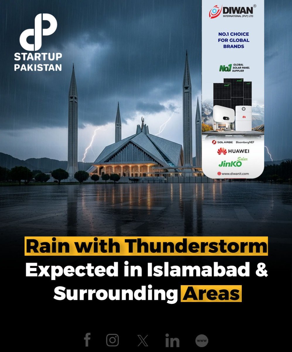 PakStartup's tweet image. The Pakistan Meteorological Department has forecast thunderstorms and rain in Islamabad and various other regions. 

#PakistanWeather #MonsoonRain #IslamabadRain #PDMA #WeatherAlert