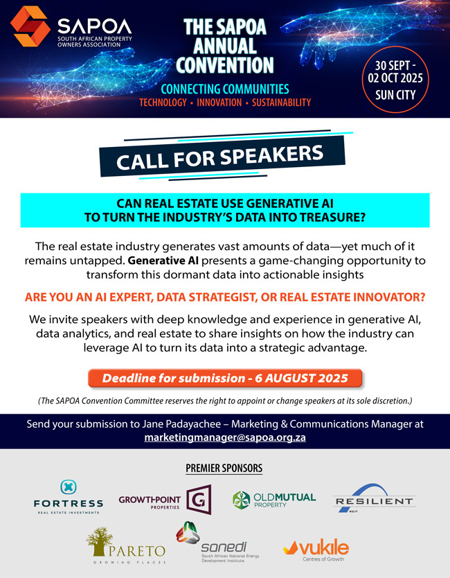 SAPOA (@sapoa_sa) on Twitter photo SAPOA Annual Convention 2025: Speaker
We need an AI expert, data strategist or real estate innovator to share their expertise on generative AI to transform property data into strategic advantage.
Send proposals to Jane Padayachee: marketingmanager@sapoa.org.za by 6 Aug 25 SAPOA Annual Convention 2025: Speaker
We need an AI expert, data strategist or real estate innovator to share their expertise on generative AI to transform property data into strategic advantage.
Send proposals to Jane Padayachee: marketingmanager@sapoa.org.za by 6 Aug 25
