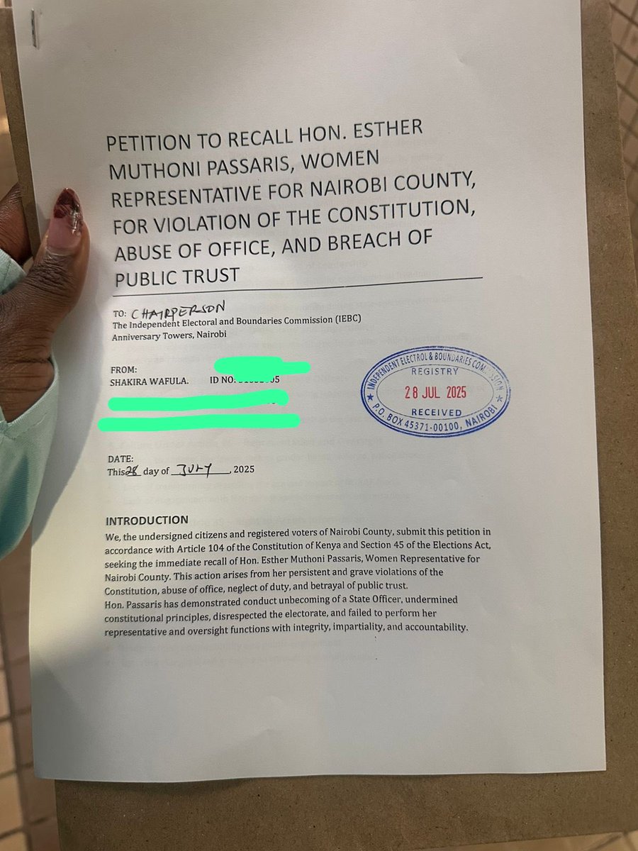I have just submitted the petition to recalling Nairobi Women Rep Esther Passaris for further directions from the chair of ⁦<a href="/IEBCKenya/">IEBC</a>⁩ 
RT to apply pressure.
#ThePeopleShall
#Recall254