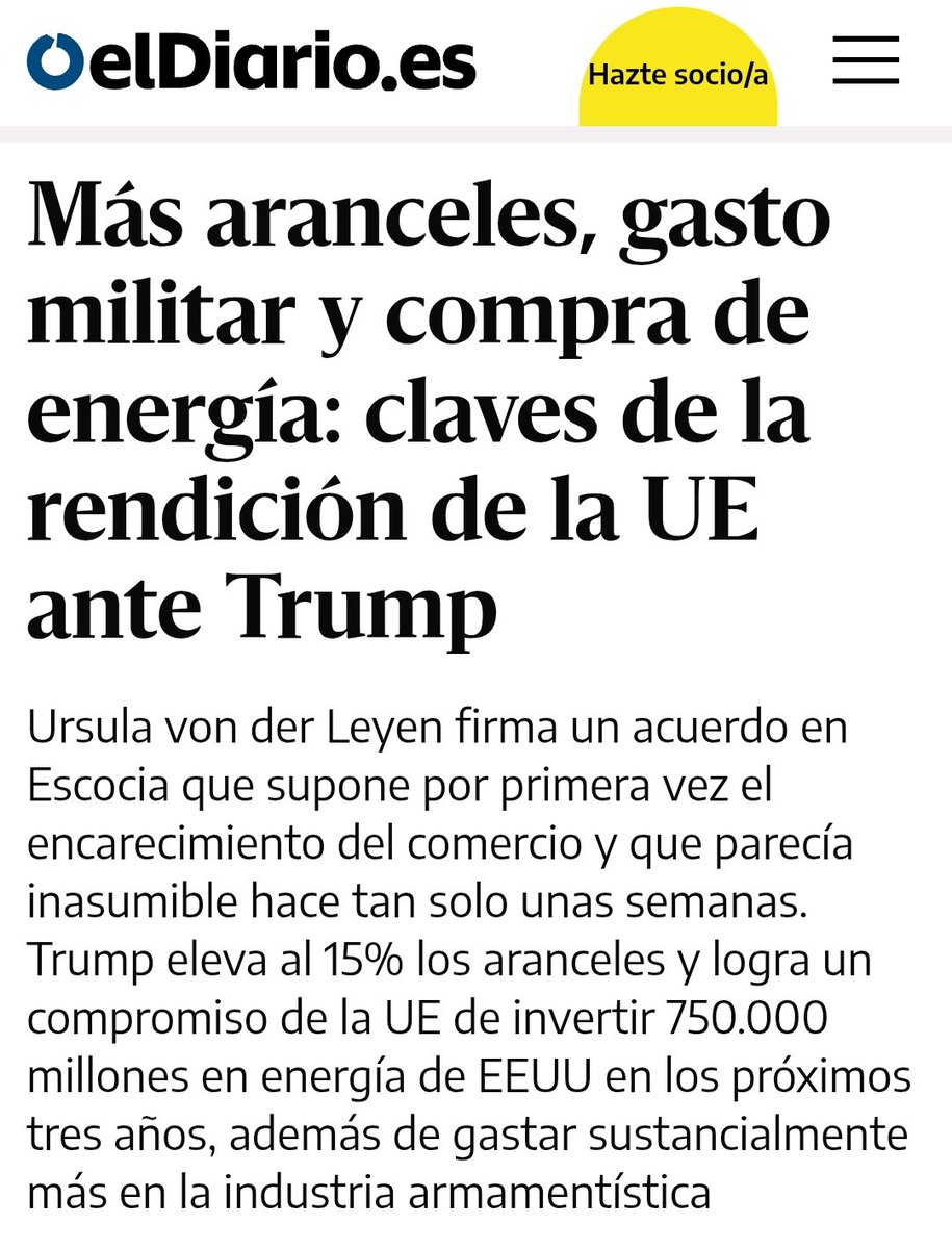 Unos aranceles basados en el chantaje del más fuerte nunca van a ser justos ni equitativos.

Un acuerdo para importar más gas desde los EE.UU. nunca va a ser bueno para el clima.

El clima y la sociedad europea no se merecen este mal acuerdo.
eldiario.es/economia/aranc…