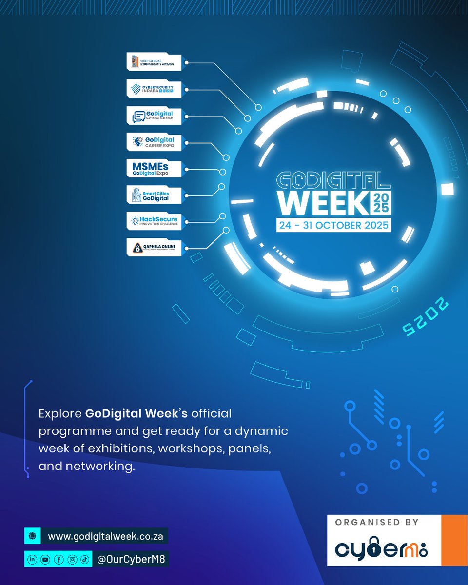 OurCyberM8's tweet image. Ignite Your Potential: GoDigital Week 2025 is Calling!
Join us October 24-31, 2025, for a dynamic program of exhibitions, workshops, expert panels, and networking. Transform your skills and achieve digital mastery.
Book your tickets now: cybersecurityindaba.co.za/tickets