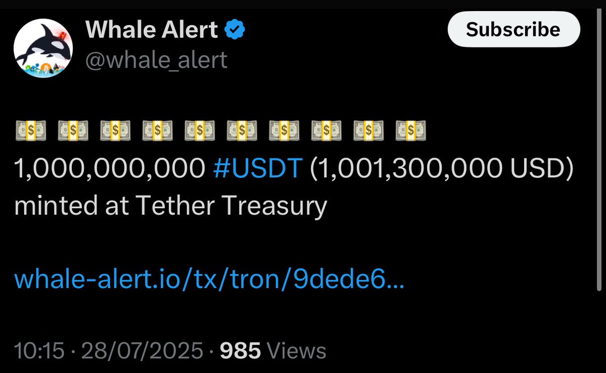 🚨 BREAKING: Tether Treasury annuncia la creazione di 1 miliardo di USDT