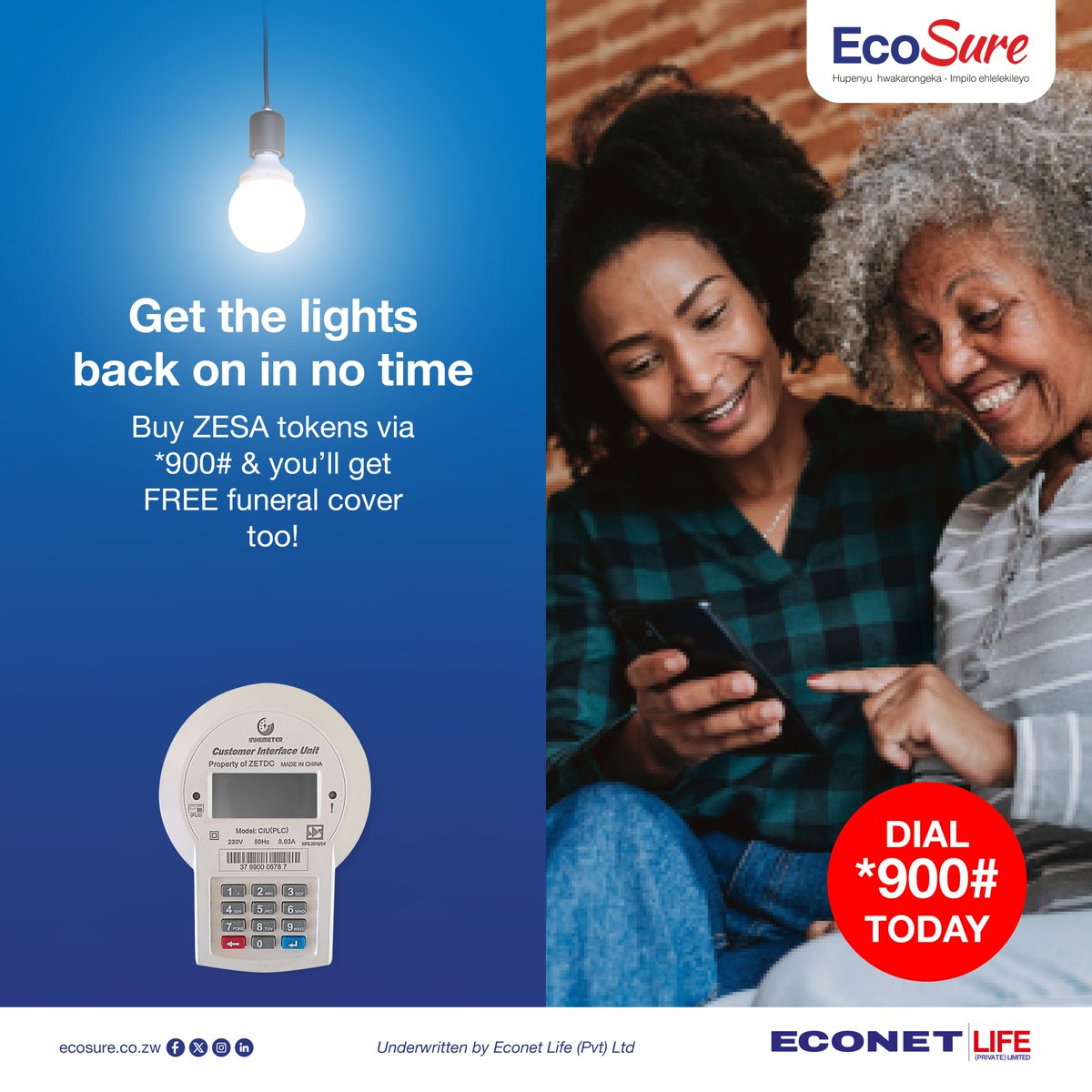 No need to leave your house to buy ZESA tokens. Simply dial*900# to buy from your phone and get free EcoSure Funeral cover with up to$2,500 in benefits.​
#Insurance #EcoSure #FuneralCover #ZESA #ZETDC